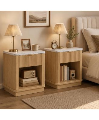  Nightstands Set of 2 Wood Fluted Nightstands with Drawer and Faux Marble Top