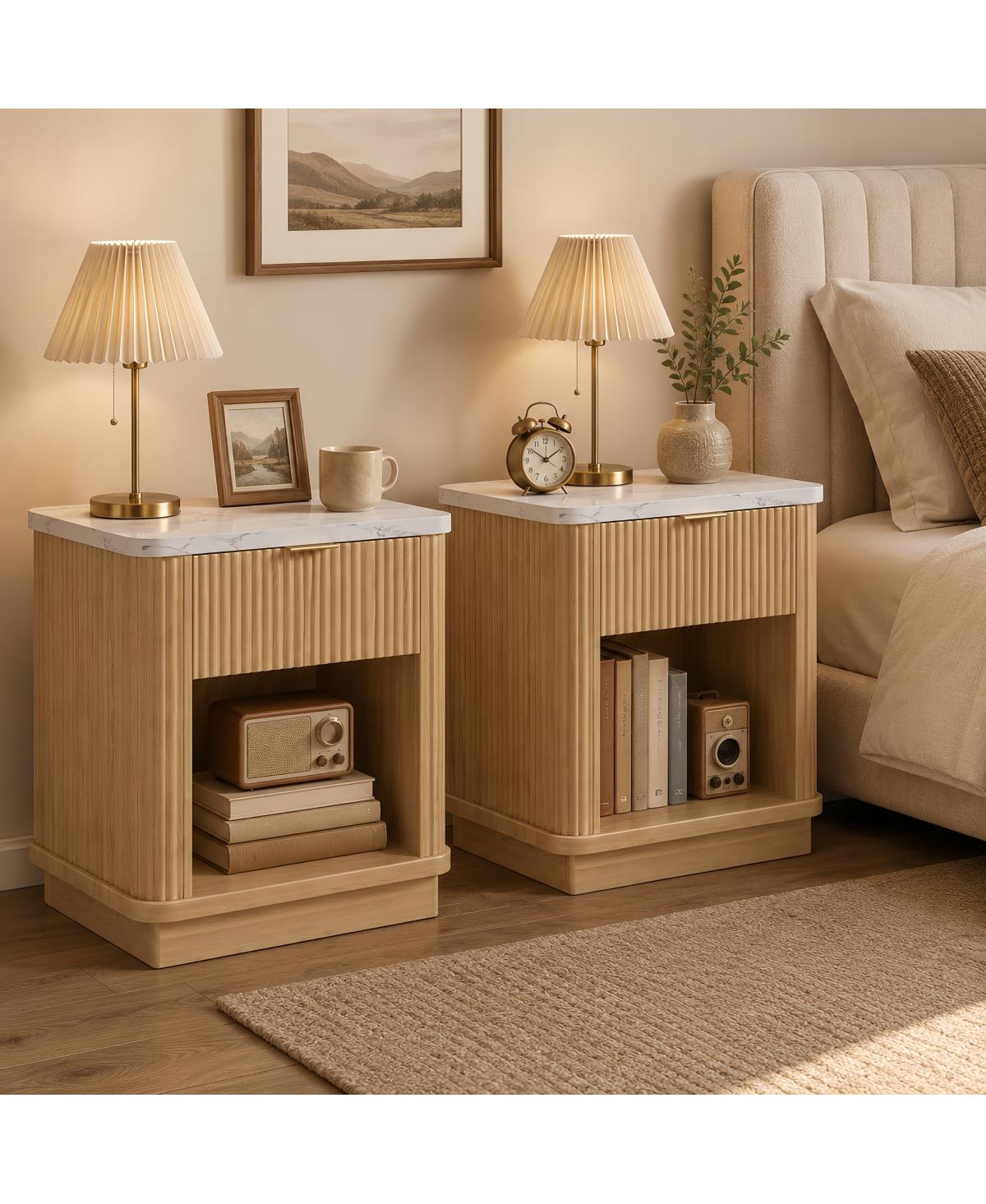 Streamdale Furniture Nightstands Set of 2 Wood Fluted Nightstands with Drawer and Faux Marble Top
