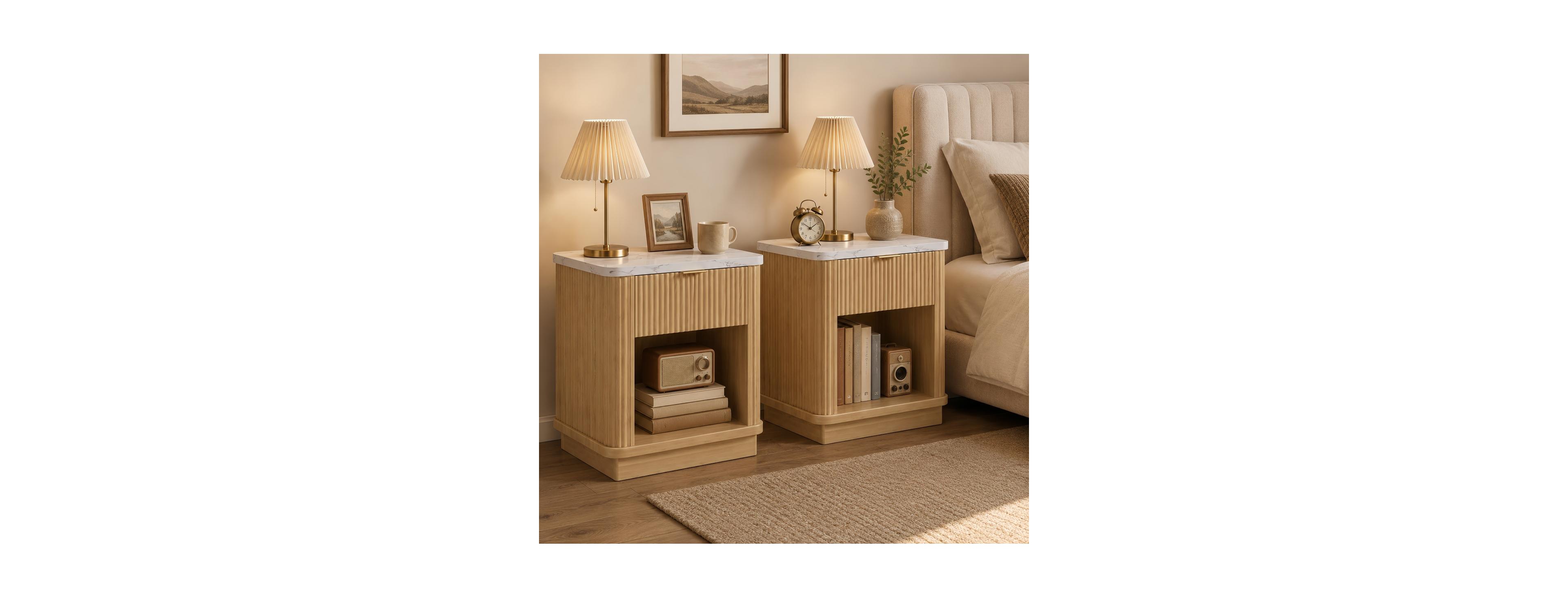 Streamdale Furniture Nightstands Set of 2 Wood Fluted Nightstands with Drawer and Faux Marble Top