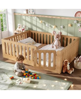 Queen Size Solid Wood Montessori Floor Bed with High Fence and Door