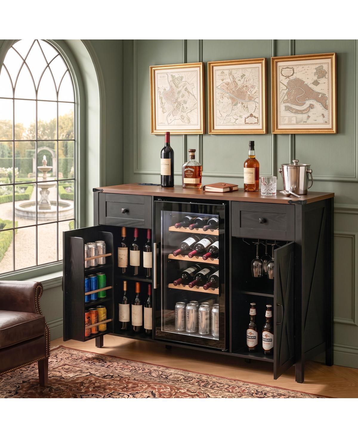 Streamdale Furniture 53.2" Farmhouse Fridge Cabinet with Power Outlet and Storage Space - Black