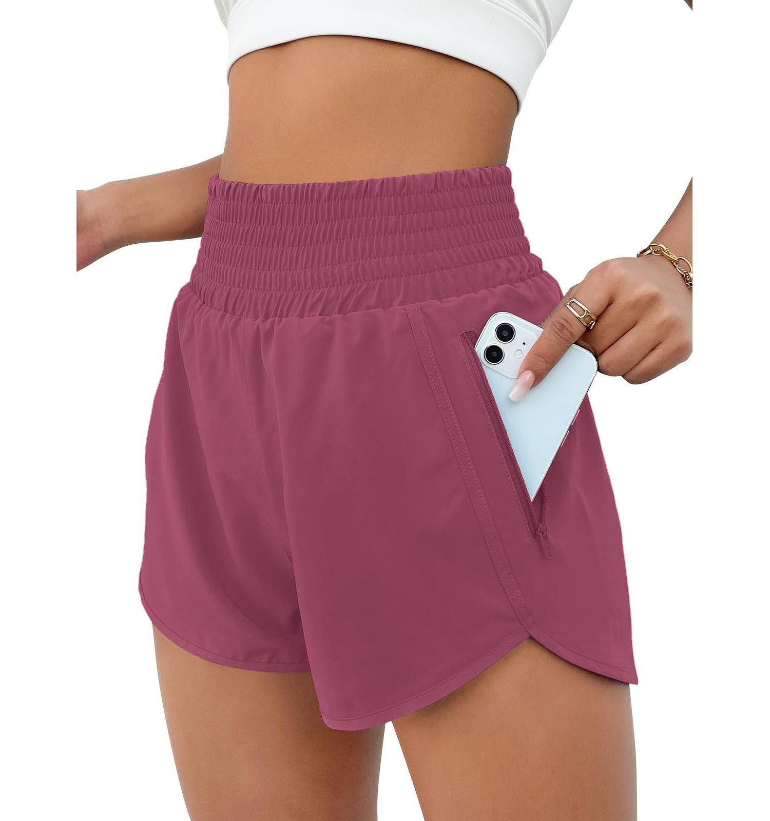 Women High Waisted Athletic Shorts Quick Dry Zipper Pocket Double Layer