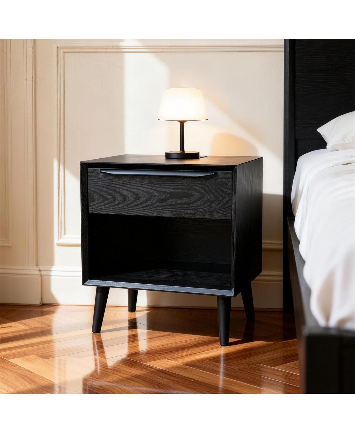 Streamdale Furniture Mid Century Modern 1 Drawer Wood Nightstand with Storage Cube - Black