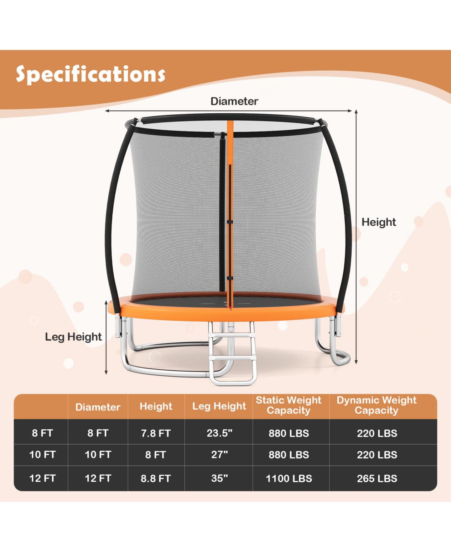 Детская игрушка Mecale 10-Foot Galvanized Steel Trampoline with Safety Enclosure Net, 220-lb Capacity, Ages 3+, цвет: Оранжевый — фото 3