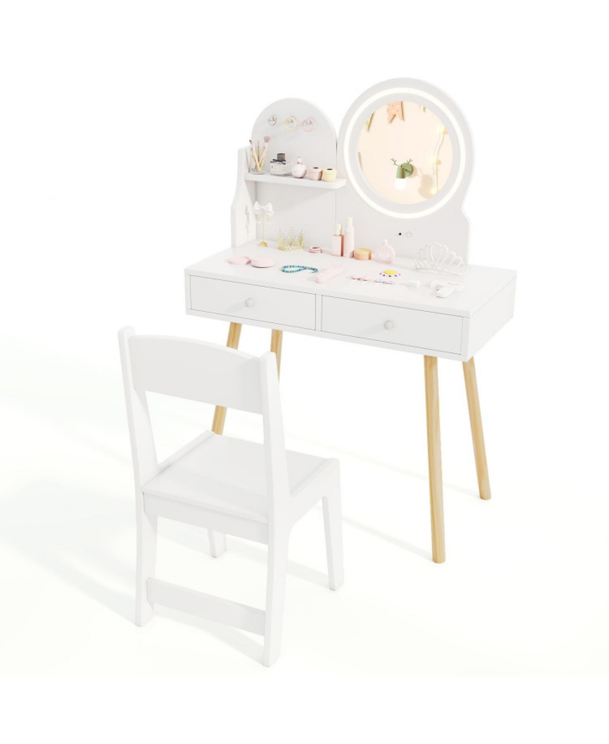 Gouun Two-Tone Light Kids Princess Vanity Desk and Chair Set