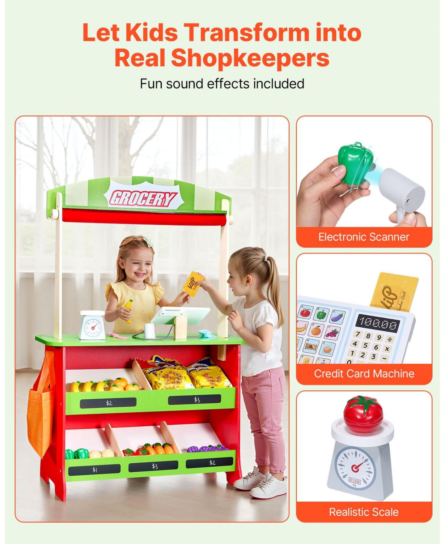 Детский игровой набор Mecale Puppet Theater and Grocery Store 2-in-1 Reversible 35-Piece Playset, Ages 3+, цвет: Красный — фото 4