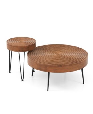 Set of 2 Solid Wood Ring Pattern Farmhouse Round Coffee Tables