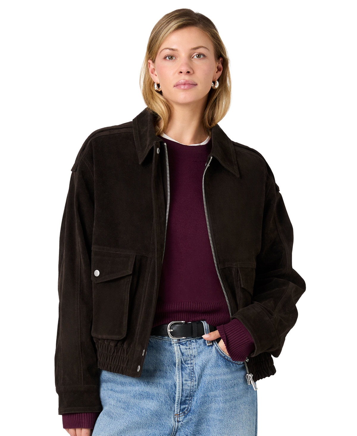 French Connection Women's Carter Faux Suede Zip-Up Bomber Jacket - Brown