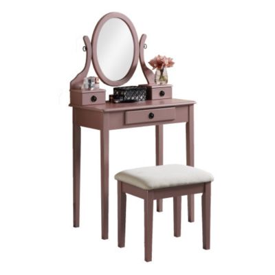 Wood Makeup Vanity Table and Stool Set, 3 Drawers, Adjustable Oval Mirror