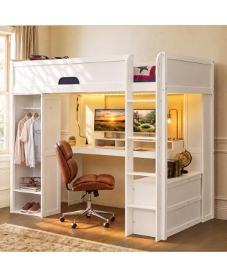 Full Size Solid Wood Loft Bed with L-Desk, Storage, Wardrobe and LED Lights