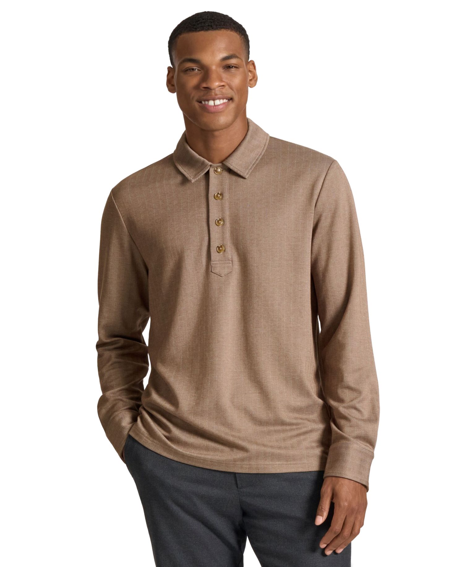 Men's Clapham Long-Sleeve Herringbone Classic-Fit Polo Shirt