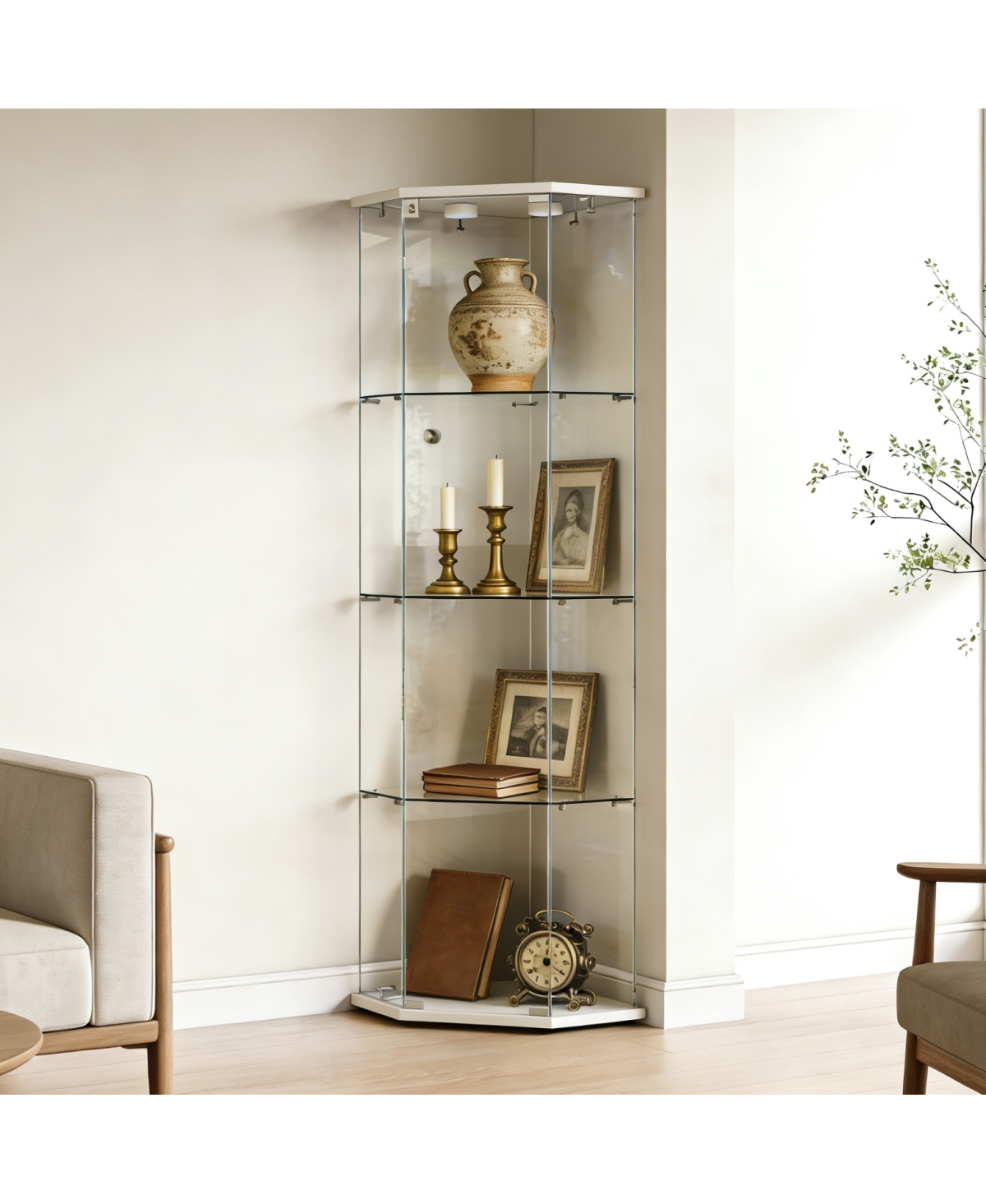 Streamdale Furniture Tempered Glass Corner Display and Liquor Cabinet with Lights and Locks