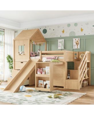Twin Playhouse Loft Bed with Slide, Desk and Storage Drawers