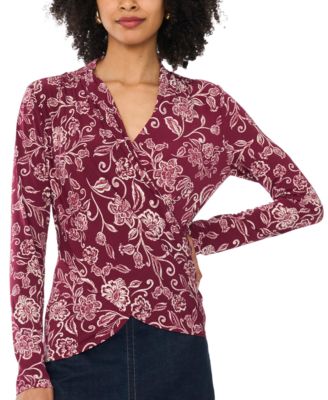 Women's Floral-Print Long-Sleeve Wrap Top