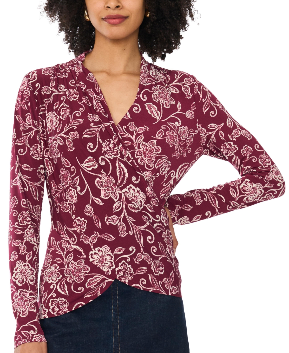 Vince Camuto Women's Floral-Print Long-Sleeve Wrap Top - Crisp Merlot