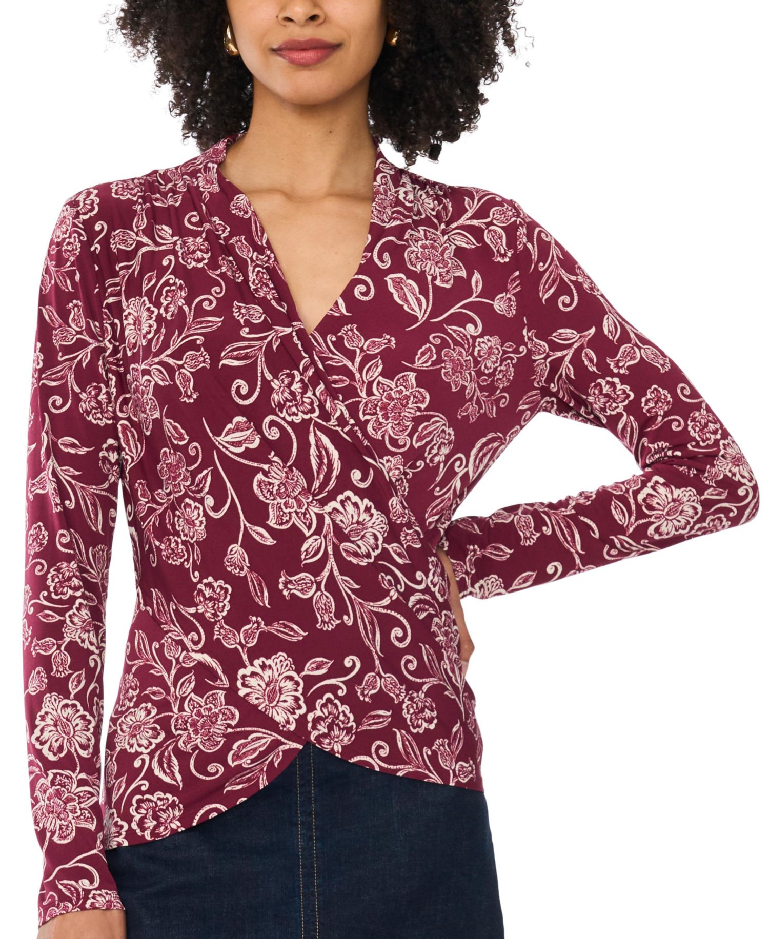 Women's Floral-Print Long-Sleeve Wrap Top