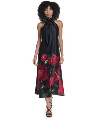 Women's Halter Floral-Print Satin Midi Dress