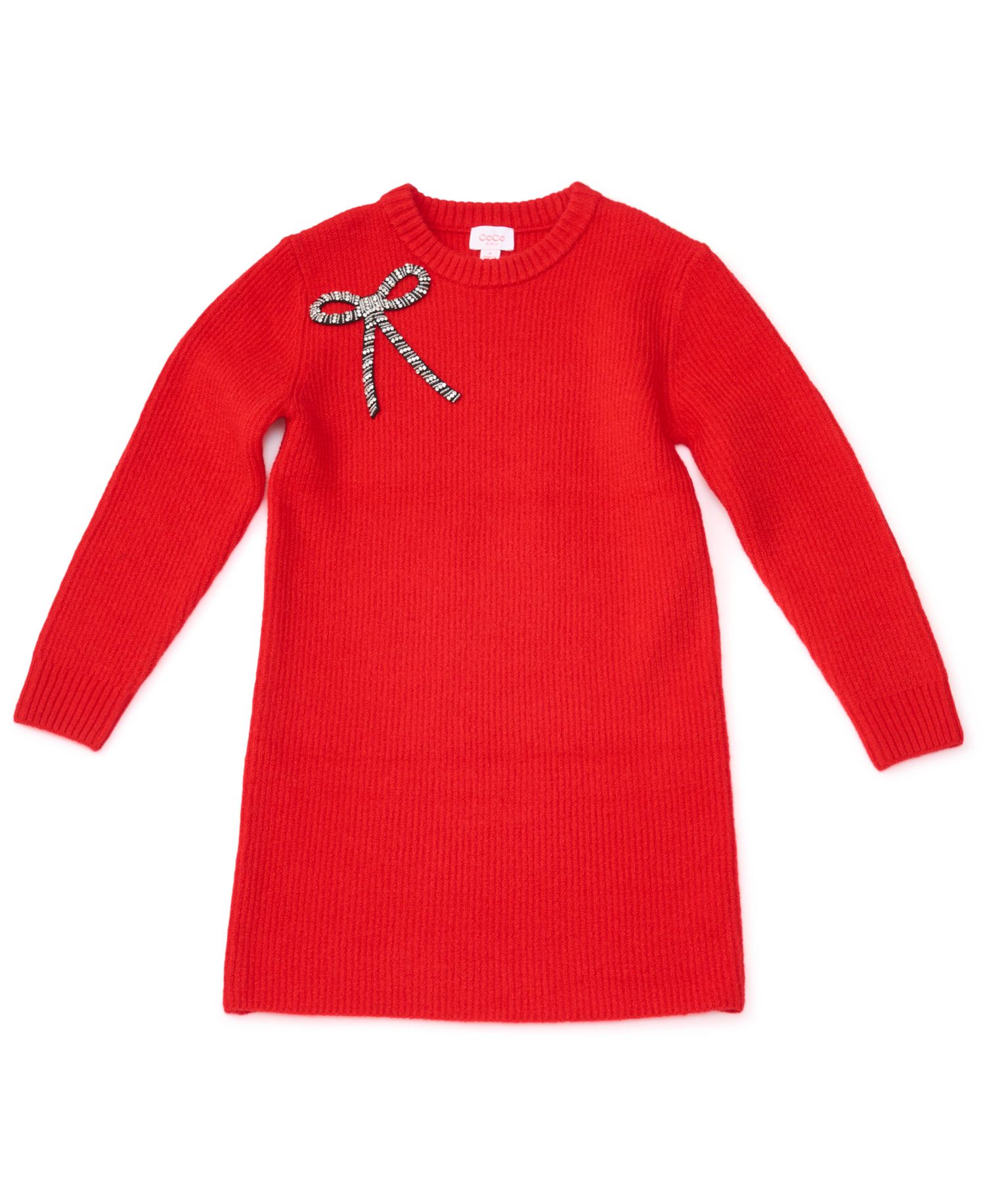Girls' 7-16 Long-Sleeve Embellished-Bow Crewneck Dress