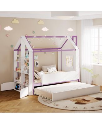 Twin House Bed Frame with Trundle, Storage and LED Lights