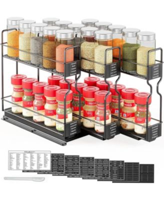 Three Pull-Out 2-Tier Spice Rack Organizer for Cabinets, Slide-Out Seasoning Drawer with Labels and Chalk Marker (7.2" W x 10.75" D x 10" H)