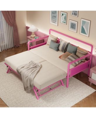 Full Daybed with Foldable Metal Trundle Bed, Pink Vintage Style Frame with Steel Slats, for Living Room Guest Room Bedroom