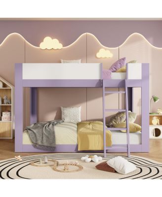 Queen Size Wooden Low Bunk Bed with Reversible Ladder