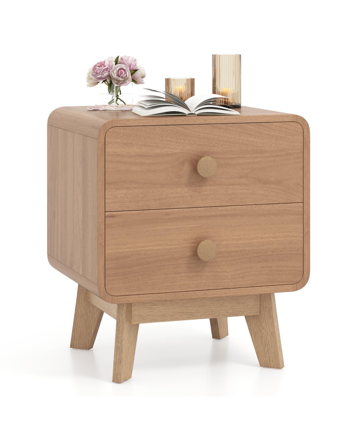Mecale Nightstand with 2 Drawers Solid Rubber Wood Legs