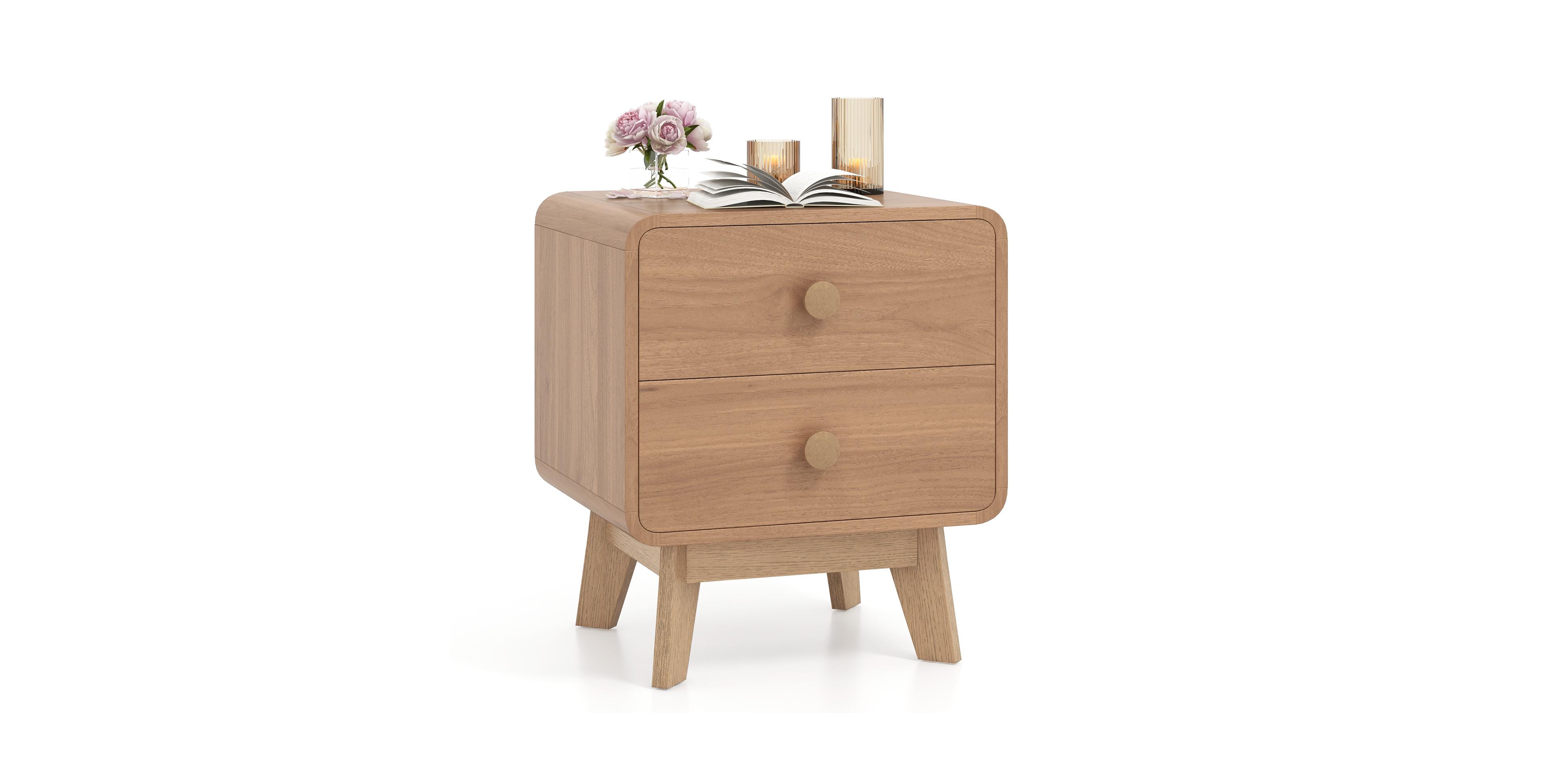Mecale Nightstand with 2 Drawers Solid Rubber Wood Legs