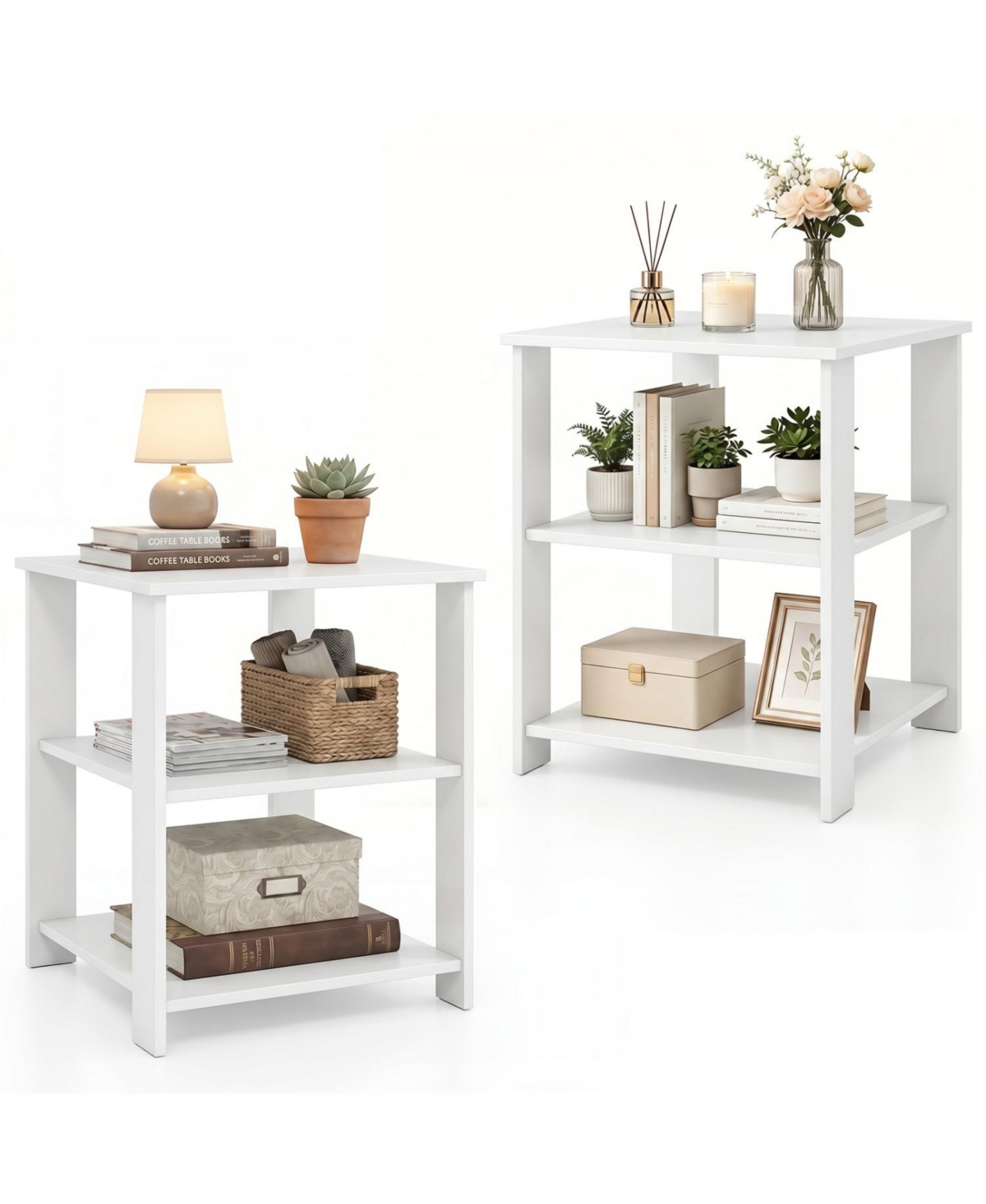 Mecale 3 Tier Modern Nightstand Square Side Table with Open Storage Shelves Set of 2 - White