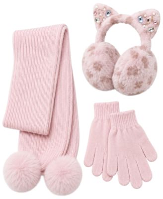 Girls' Leopard Pom-Pom Earmuffs, Scarf and Gloves, 3-Piece Set