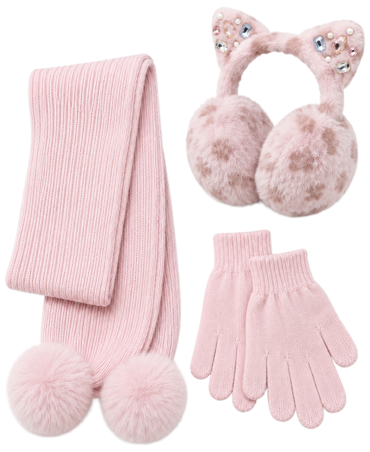 Rainbow Sugar Girls' Leopard Pom-Pom Earmuffs, Scarf and Gloves, 3-Piece Set - Multicolor/Light Pink/Brown