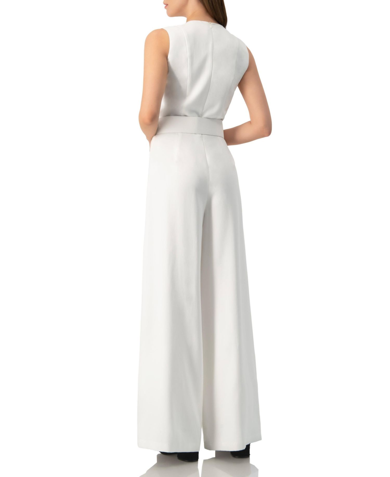 Women's Clean V-Neck Buckle-Belt Wide-Leg Tailored Jumpsuit