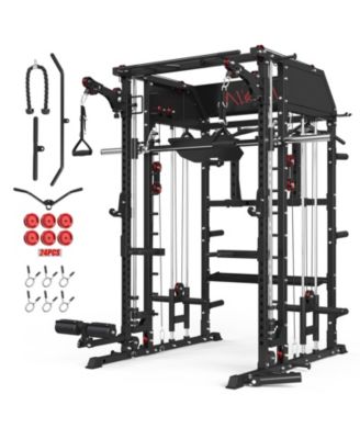 Smith Machine Home Gym, All-in-One Power Rack with Smith Cage and Functional Trainer, Squat Rack with 2:1 Dual Pulley Cable System