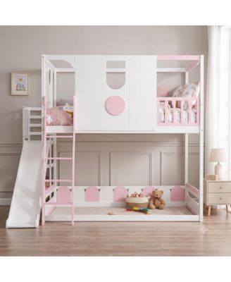 Full Size Kids Loft Bed with Slide and Storage Shelves