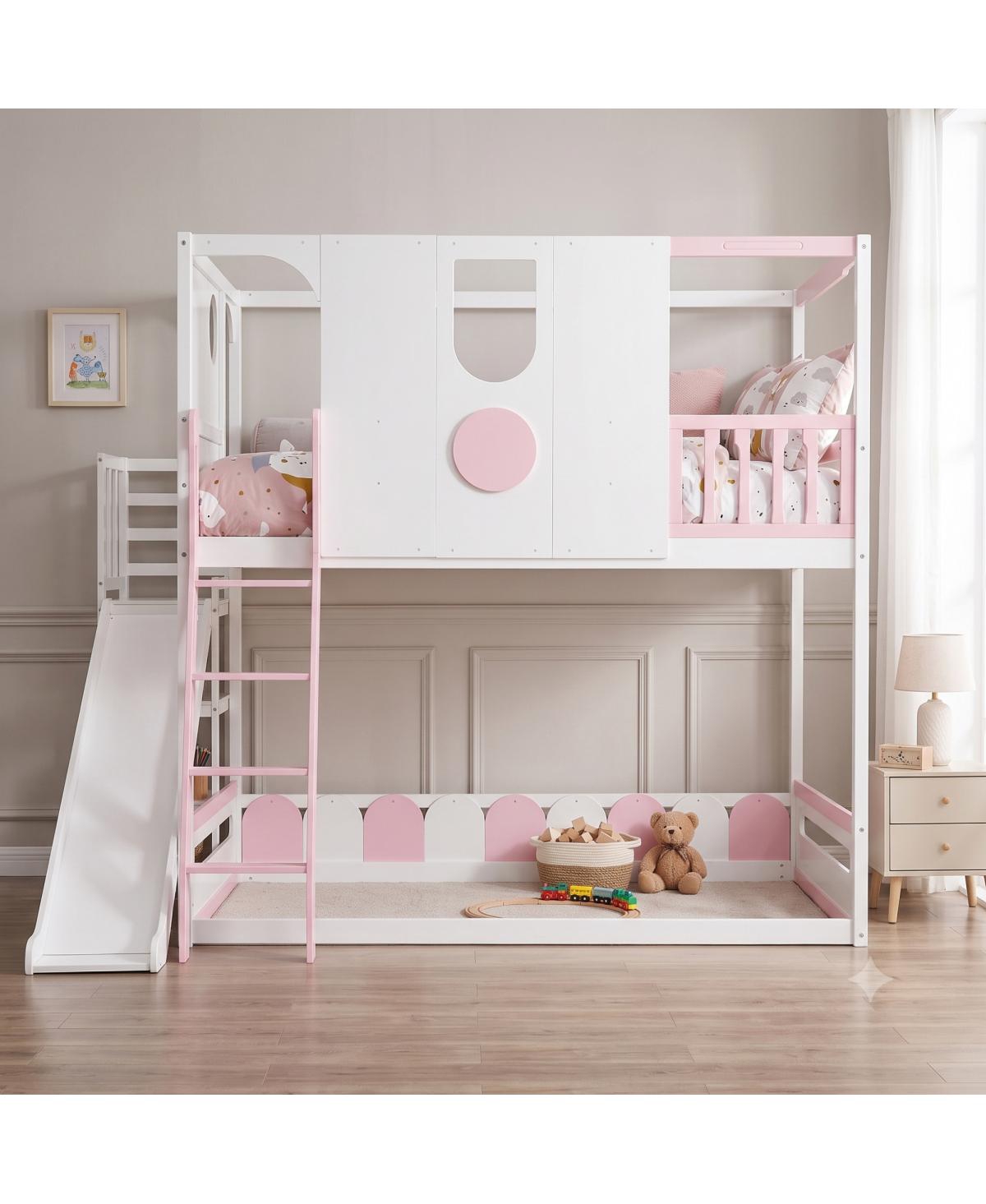 Streamdale Furniture Full Size Kids Loft Bed with Slide and Storage Shelves - White+pink