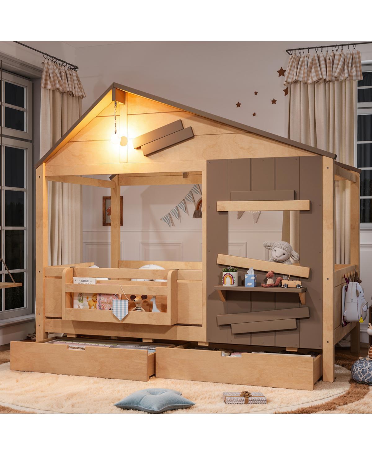 Streamdale Furniture Twin Farmhouse House Bed with Storage Drawers Led and Window Shelf