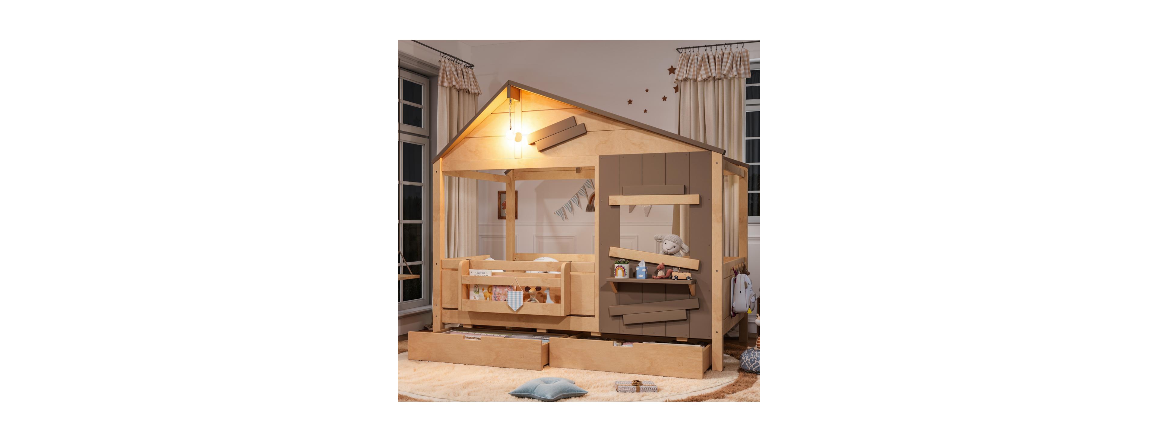 Streamdale Furniture Twin Farmhouse House Bed with Storage Drawers Led and Window Shelf