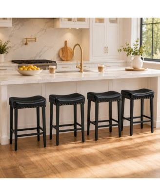  4-Piece Leather Bar Stools, 25.6" Backless, Padded Seat