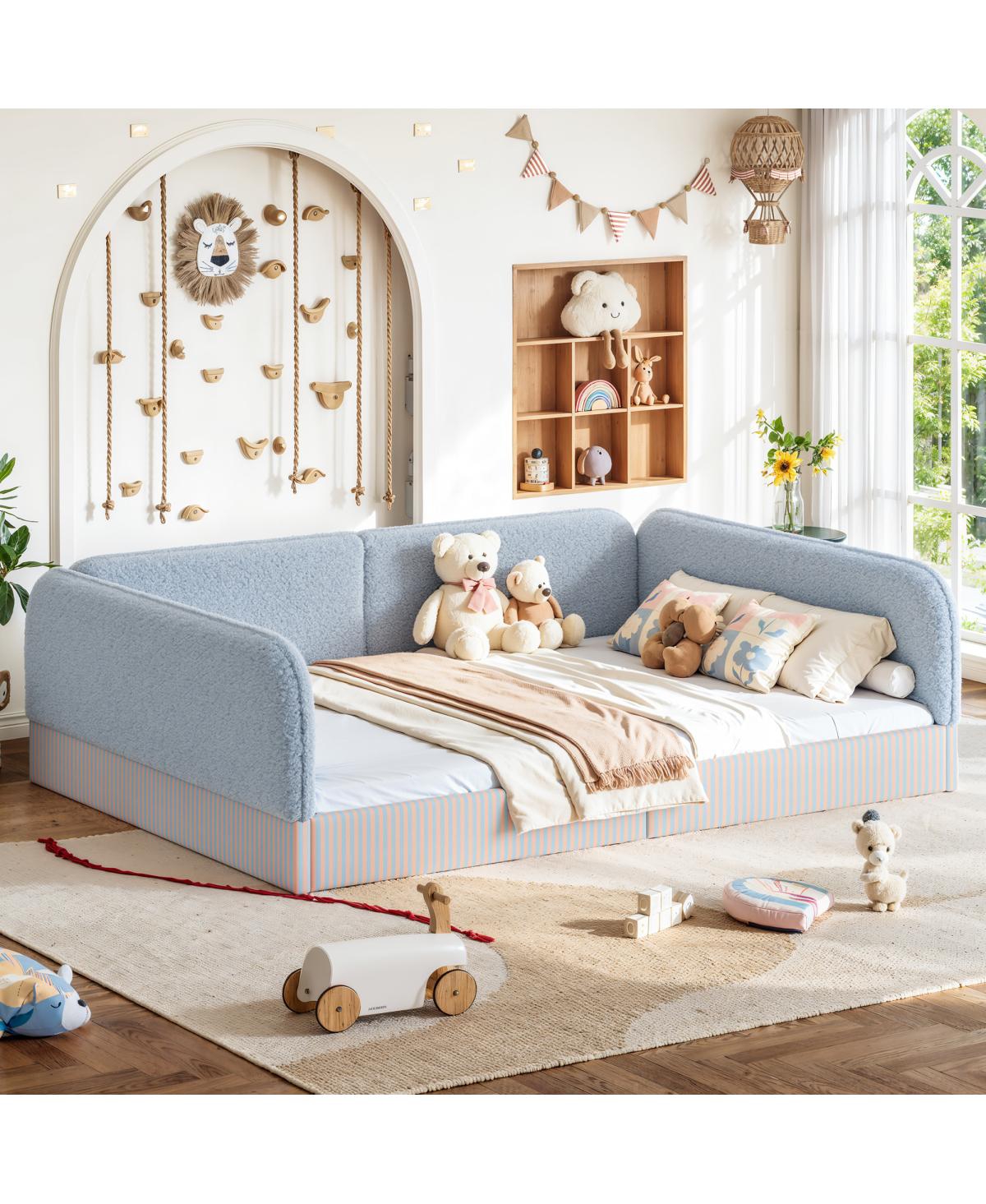Streamdale Furniture Queen Upholstered Teddy Fleece Montessori Floor Bed with Guardrails
