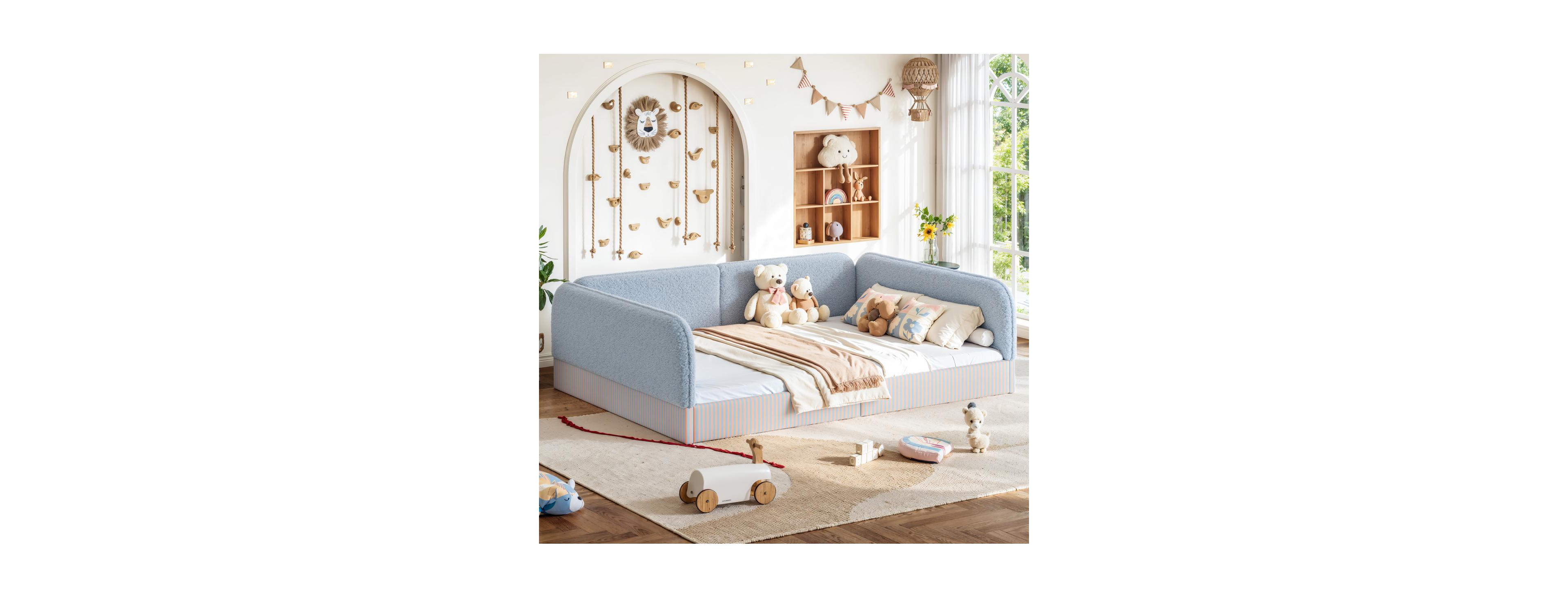 Streamdale Furniture Queen Upholstered Teddy Fleece Montessori Floor Bed with Guardrails