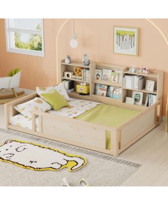 Streamdale Furnitur Full Size Wood Platform Bed with Fence Guardrail and Side Storage