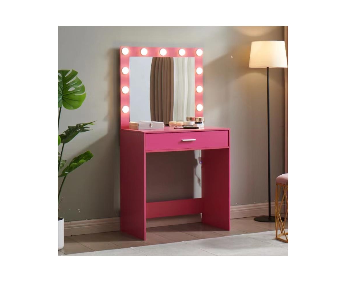 Flynama Vanity Desk with Mirror and Lights, 11 Led Bulbs, Large Drawer, 3 Lighting Modes, Bedroom - Pink
