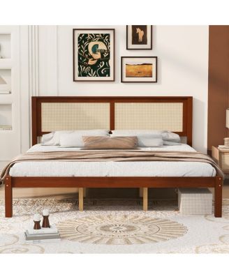 King Size Solid Wood Platform Bed with Rattan Headboard