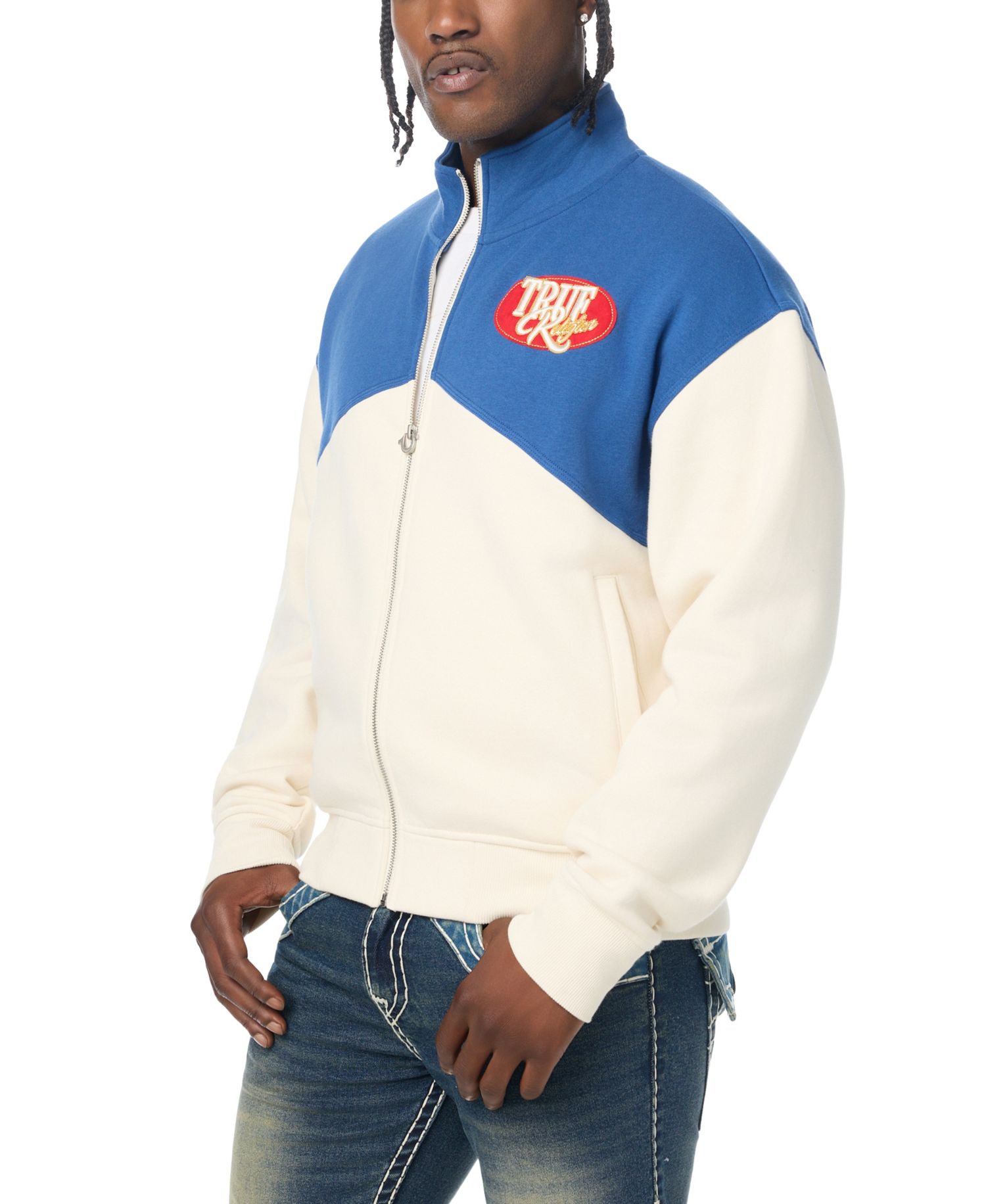 Men's Mock-Neck Boxy Color-Blocking Zip Jacket