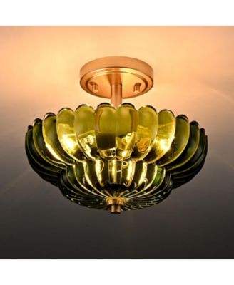 3-Light Modern Semi Flush Mount Ceiling Light with Scalloped Green Glass Shade