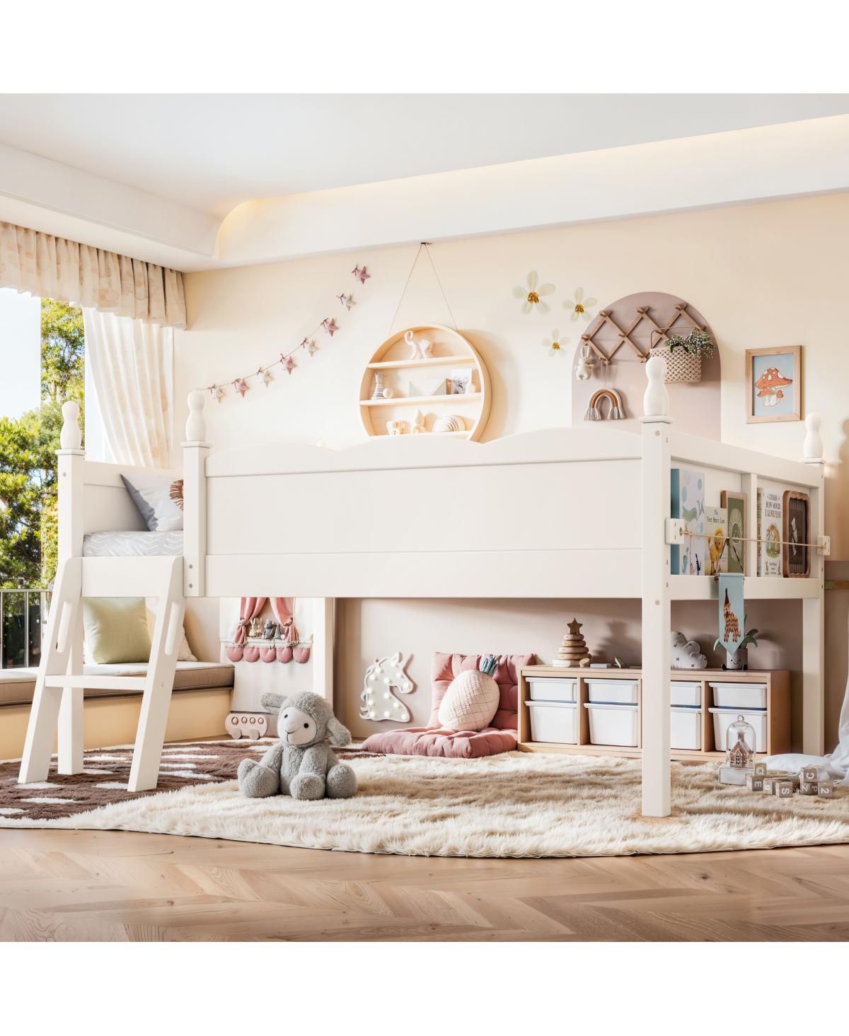 Streamdale Furniture Full Size Wood Low Loft Bed with Ladder and Bookshelf