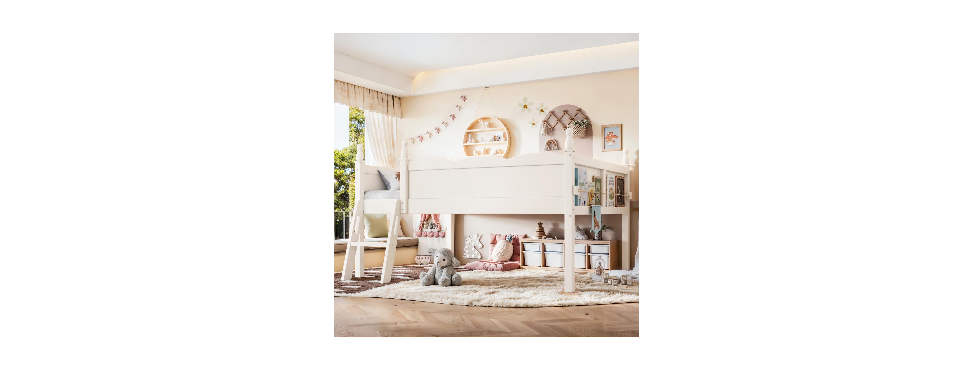 Streamdale Furniture Full Size Wood Low Loft Bed with Ladder and Bookshelf