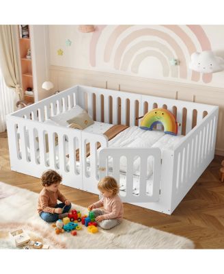  Full Size Wood Floor Bed with High Fence and Door