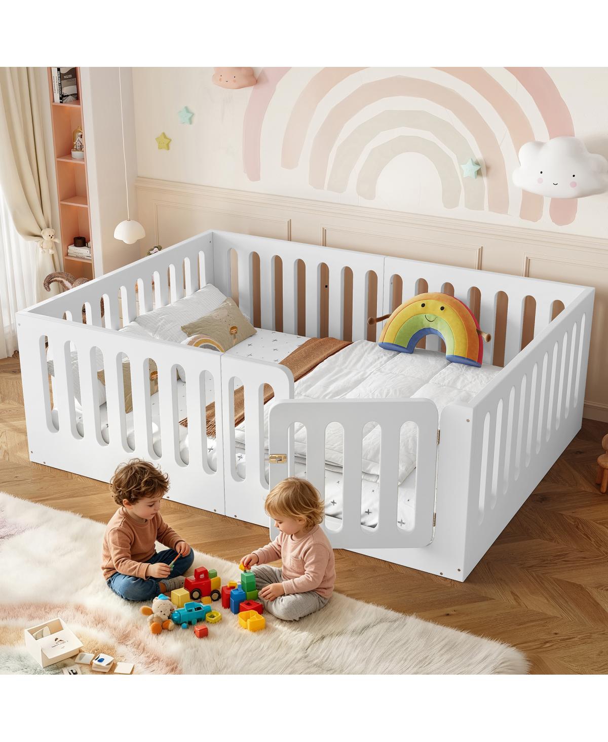Streamdale Furniture Full Size Wood Floor Bed with High Fence and Door - White