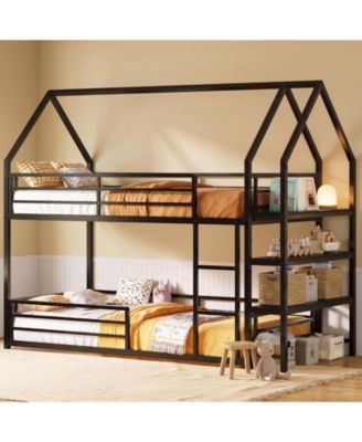 Twin Size House Bunk Bed with Bookshelf